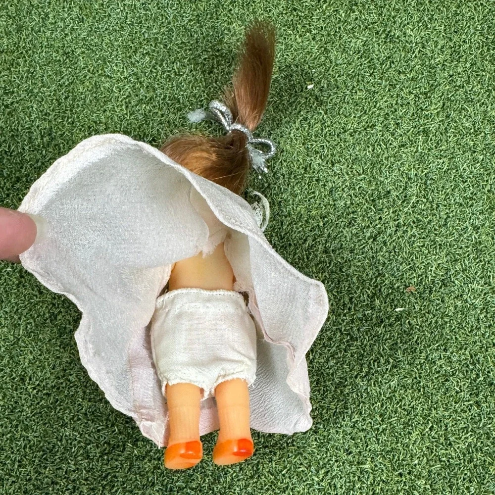 Vintage Mini Plastic Doll‎ Brown Ponytail Blue Eyes White Dress 6in Toy Figure